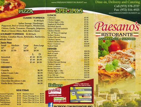 Menu at Paesano's Ristorante pizzeria, Plano