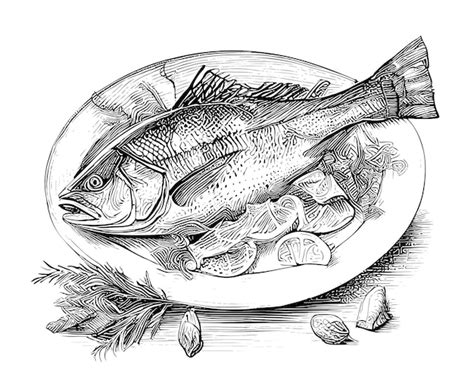 Premium Vector | Fried fish on a plate hand drawn sketch Asian food Restaurant business concept ...