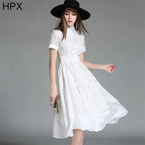 White Lace Knee Length Dress 2016 Spring Autumn New Women High Waist ...