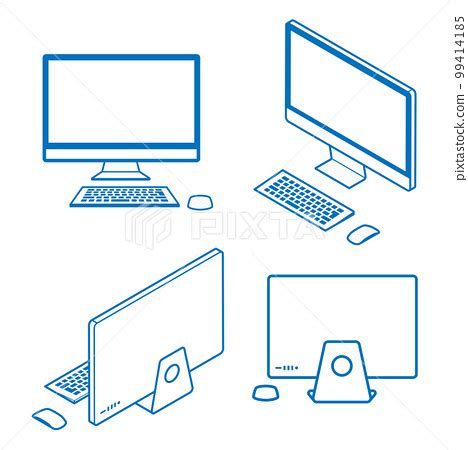 Desktop computer 3D 4 angle set - line drawing - Stock Illustration ...