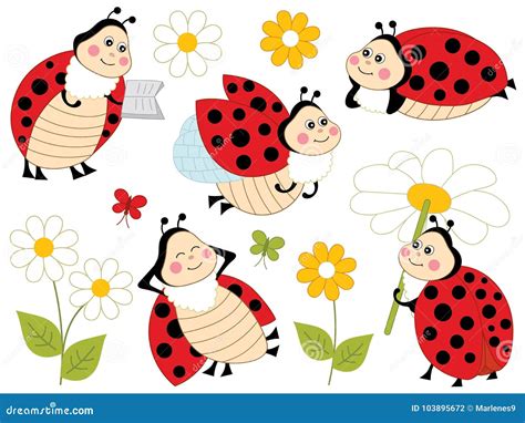 Vector Set of Cute Cartoon Ladybugs and Flowers Stock Vector - Illustration of flower, black ...