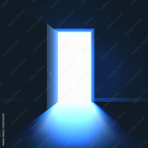 Open Door in dark room symbol of hope solution or opportunity. Light in room through open door ...