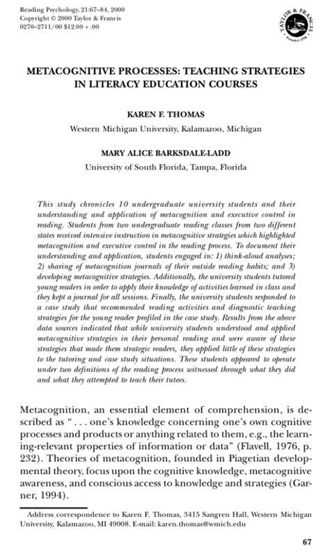 METACOGNITIVE PROCESSES: TEACHING STRATEGIES IN LITERACY EDUCATION COURSES