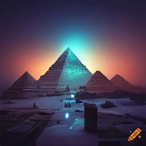 Scifi city with pyramids and a red laser