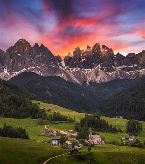 The Dolomites, northern Italian Alps, sunset, nature, village, mountans, trees, green, by ...