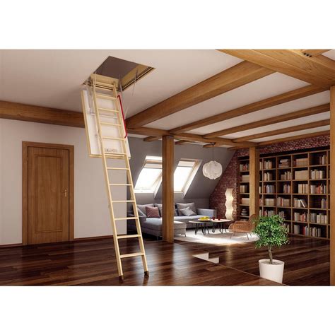 Attic Ladder Wooden 300 Lbs Load Capacity 7 ft 5 in up to 8 ft 11 in Metal Rod - Ladders