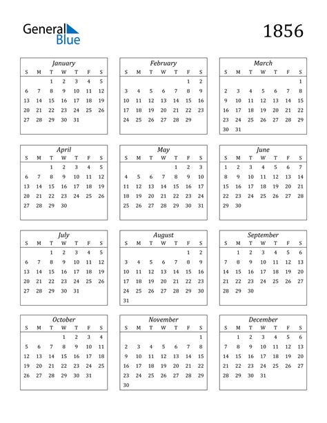 1856 Calendar (PDF, Word, Excel)