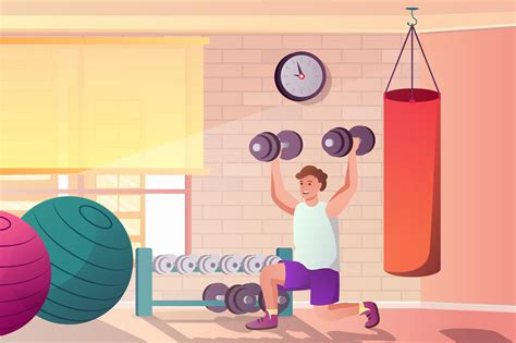 Workout at gym concept in flat cartoon design. Man doing exercises with dumbbells in sports club ...