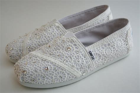 TOMS Wedding Shoes White Crochet with Swarovski Crystals