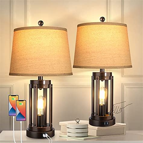 Set of 2 Table Lamps with USB Ports, 3-Way Dimmable Farmhouse Touch Lamps, Bedside Lamp for ...