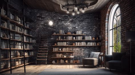 Large Book Room With An Open Brick Wall Background, 3d Illustration, Modern Interior In Loft ...