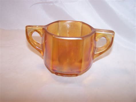 Yellow Carnival Glass Sugar Bowl, Vintage, Iridescent, Thick Glass