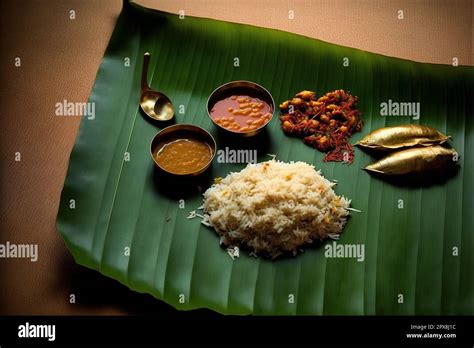 Traditional Onam sadya served in banana leaf Stock Photo - Alamy