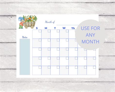 Gnome Printable Calendar Page, Printable Gnome Calendar, Digital Calendar, Gnome Printables ...