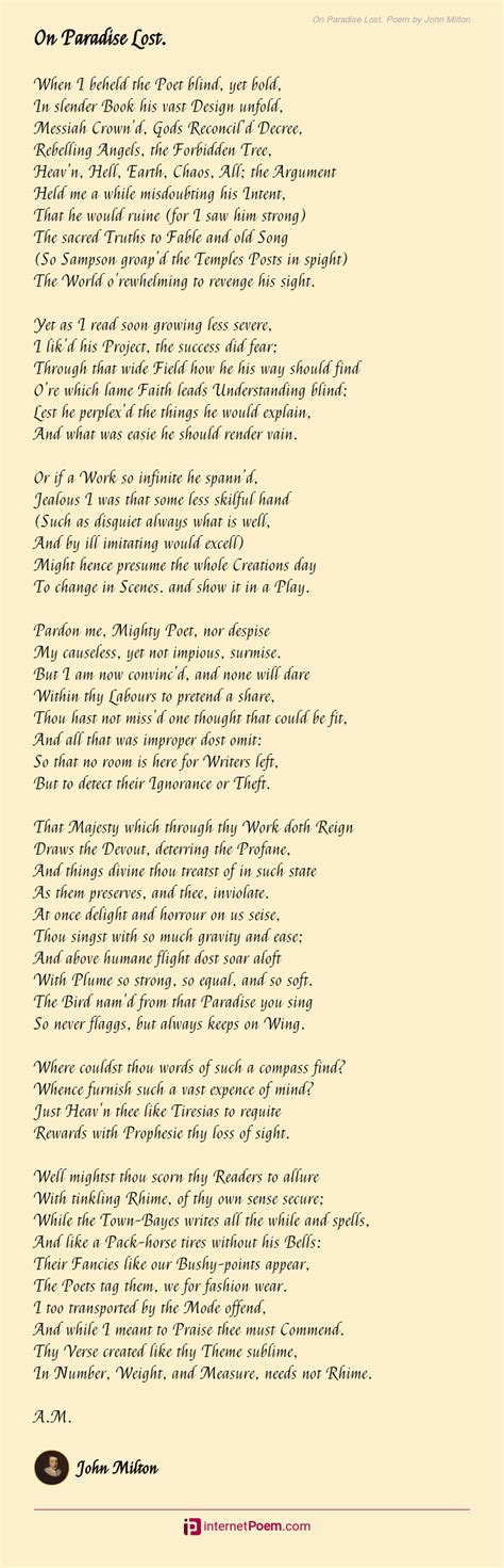 On Paradise Lost. Poem by John Milton