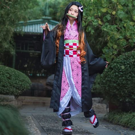 Buy Nezuko Kimono Cosplay Costume Set Girls, Demon Slayer Kamado Nezuko ...