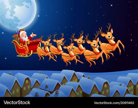 Santa riding his reindeer sleigh flying in the sky