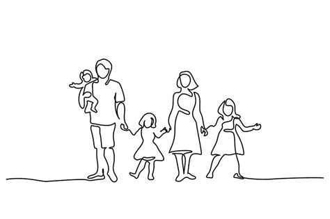 Continuous one line drawing. Happy family father and mother with three ...