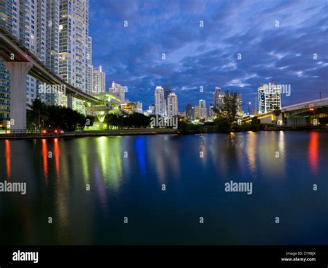 Downtown Miami skyline evening lights, Miami Florida USA Stock Photo ...