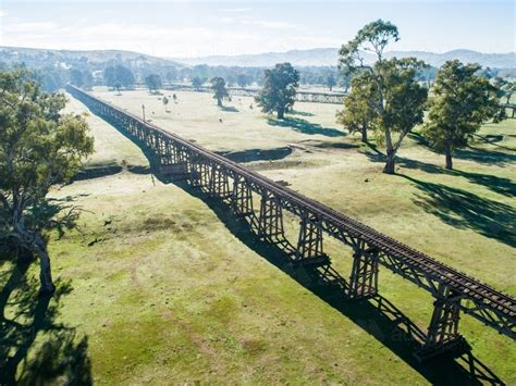 Image of Gundagai Historic Bridges in autumn, aerial - Austockphoto