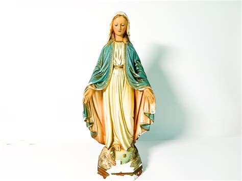 Vintage Statue of Mary Queen of Heaven on Globe - Soft Colors 17 Tall Chalkware Blessed Mother ...