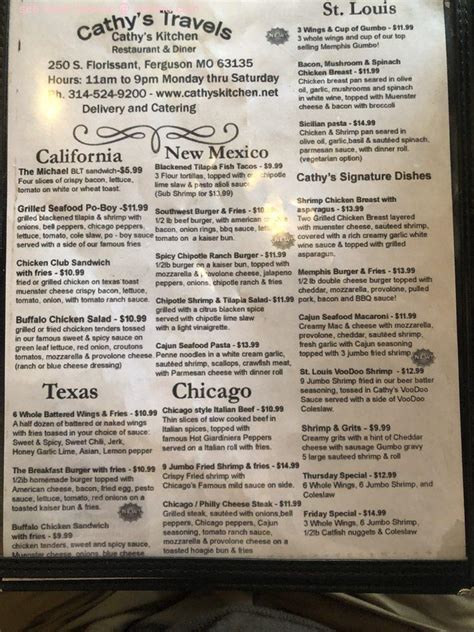 Menu at Cathy's Kitchen restaurant, Ferguson