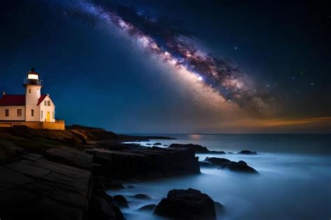 Premium Photo | A night view of the ocean with a lighthouse and a ...