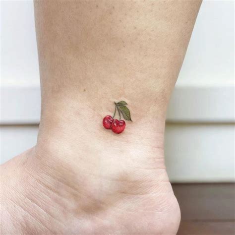 Tiny Cherry Fruit Tattoo on Ankle by tangerine