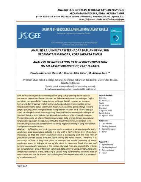 (PDF) ANALISIS LAJU INFILTRASI TERHADAP BATUAN PENYUSUN KECAMATAN MAKASAR, KOTA JAKARTA TIMUR ...