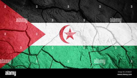 Flag of Sahrawi Arab Democratic Republic. Sahrawi symbol. Flag on the background of dry cracked ...