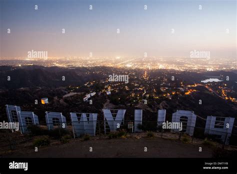 The view over the Hollywood sign at night in Los Angeles, California ...