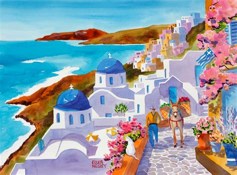 Original Watercolor Greece painting Santorini Painting | Etsy