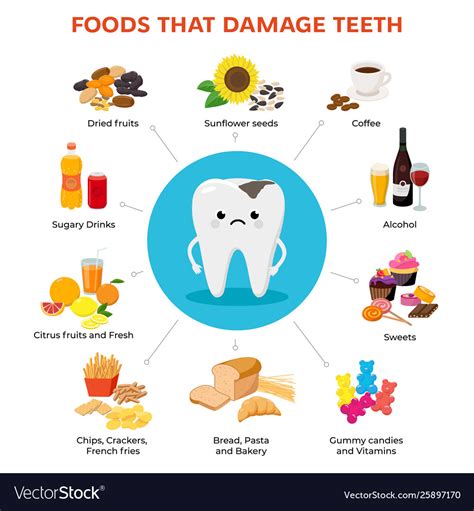 Foods that damage teeth and tooth with decay Vector Image