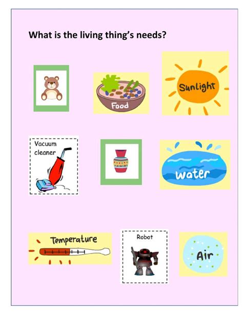 Living things needs online worksheet for KG. You can do the exercises online or download the ...