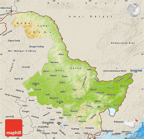 Physical Map of Heilongjiang, shaded relief outside