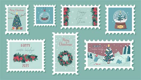 Set of Christmas postage stamps. Variety of winter holiday postmarks ...