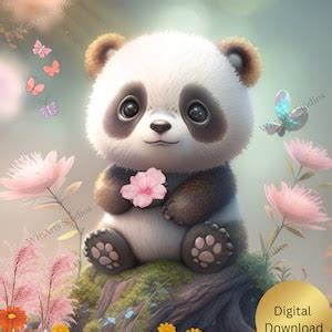 Panda Wall Art Cute Baby Panda in a Pink Flowers Garden Printable ...