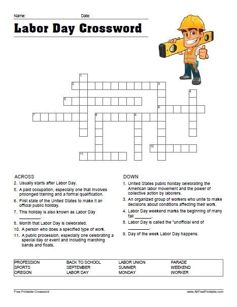 Labor Day Crossword – Free Printable