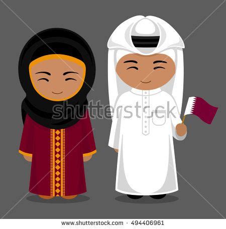 Qatar. People in national dress with a flag. Man and woman in ...