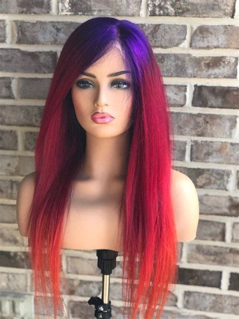 Full lace women’s wig, custom colored purple, red, orange, yellow, sunset, human hair wig, 130 ...