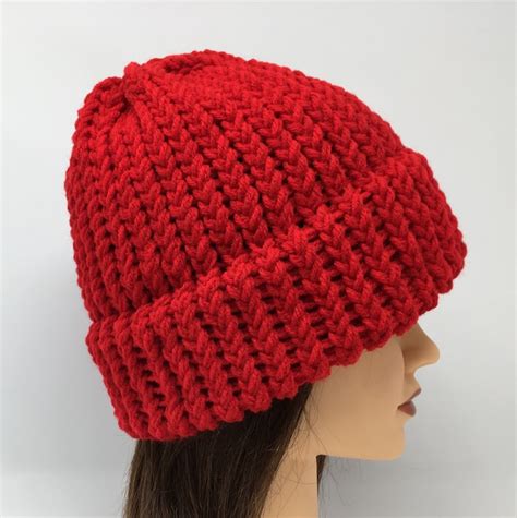 Red Knit Hat Red Beanie Red Knit Cap Loom Knit Hat Warm - Etsy