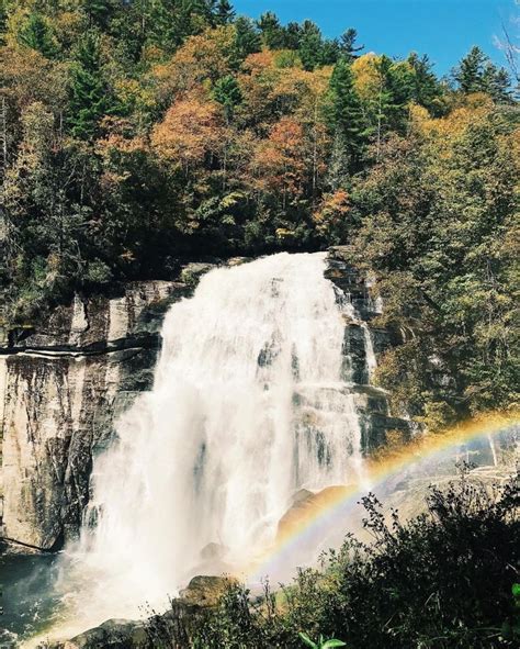 a waterfall with a rainbow in the foreground and trees around it on a sunny day