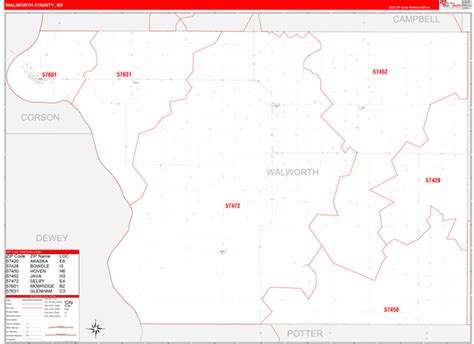 Walworth County, SD Zip Code Wall Map Red Line Style by MarketMAPS ...