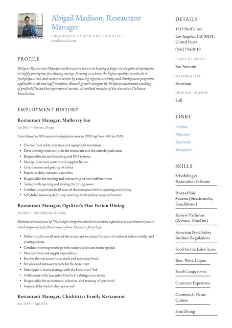 Restaurant Manager Resume Example | Resume examples, Restaurant management, Manager resume