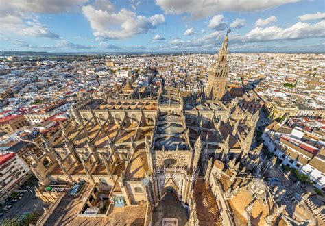 Aerial view of the Cathedral of Saint Mary of the See, Seville, Spain stock photo