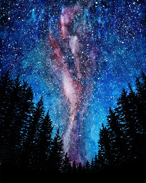 Galaxy painting Watercolor galaxy Milky way Treescape