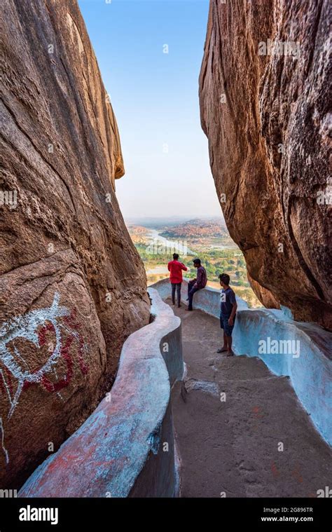 Hampi, Karnataka, India - January 15, 2020 : Pathway of Kishkinda, Anjanadri Hill, (Monkey ...