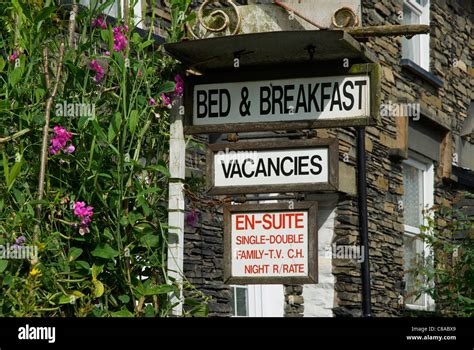 Sign for bed & breakfast accommodation, Windermere town, Lake District National Park, Cumbria ...