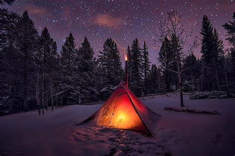 HD wallpaper: red tent, winter, snow, sky, trees, night, forest ...