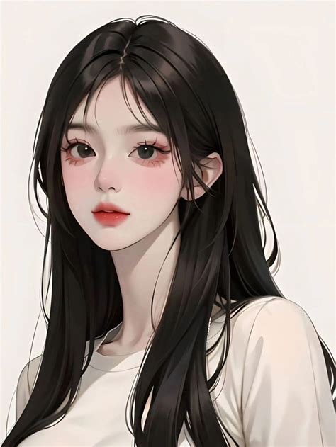 an anime girl with long black hair wearing a white shirt